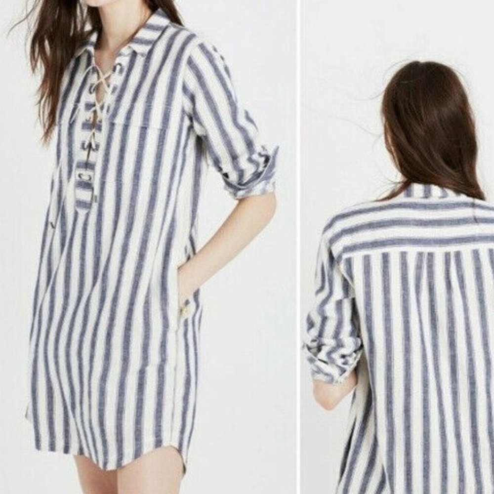 Madewell G3049‎ Blue White Striped Lace Up Shirt Dress Long Sleeve Pockets XS